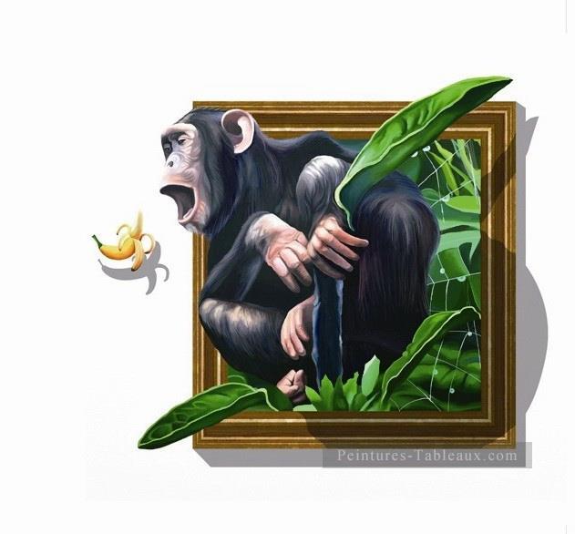 orang outan et banane 3D Peintures à l'huile